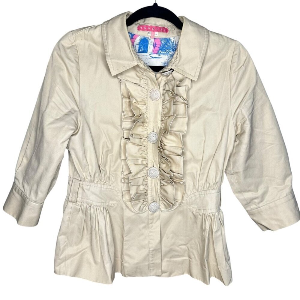Manoush By Anthropologie Jacket Womens Beige Ruffled 3/4 Sleeve Size M‎